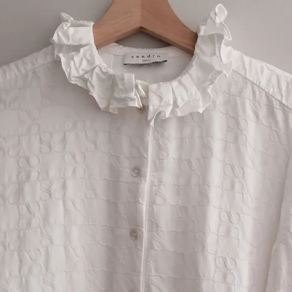 Sandro Jacquard Blouse Double S Logo Pleated Collar Puff Sleeves White 2 Medium - Picture 8 of 16